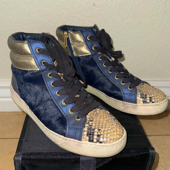 SAM EDELMAN Britt Snake Print Navy Fur Gold Metallic High Top Boot Sneaker 10 - Picture 3 of 12